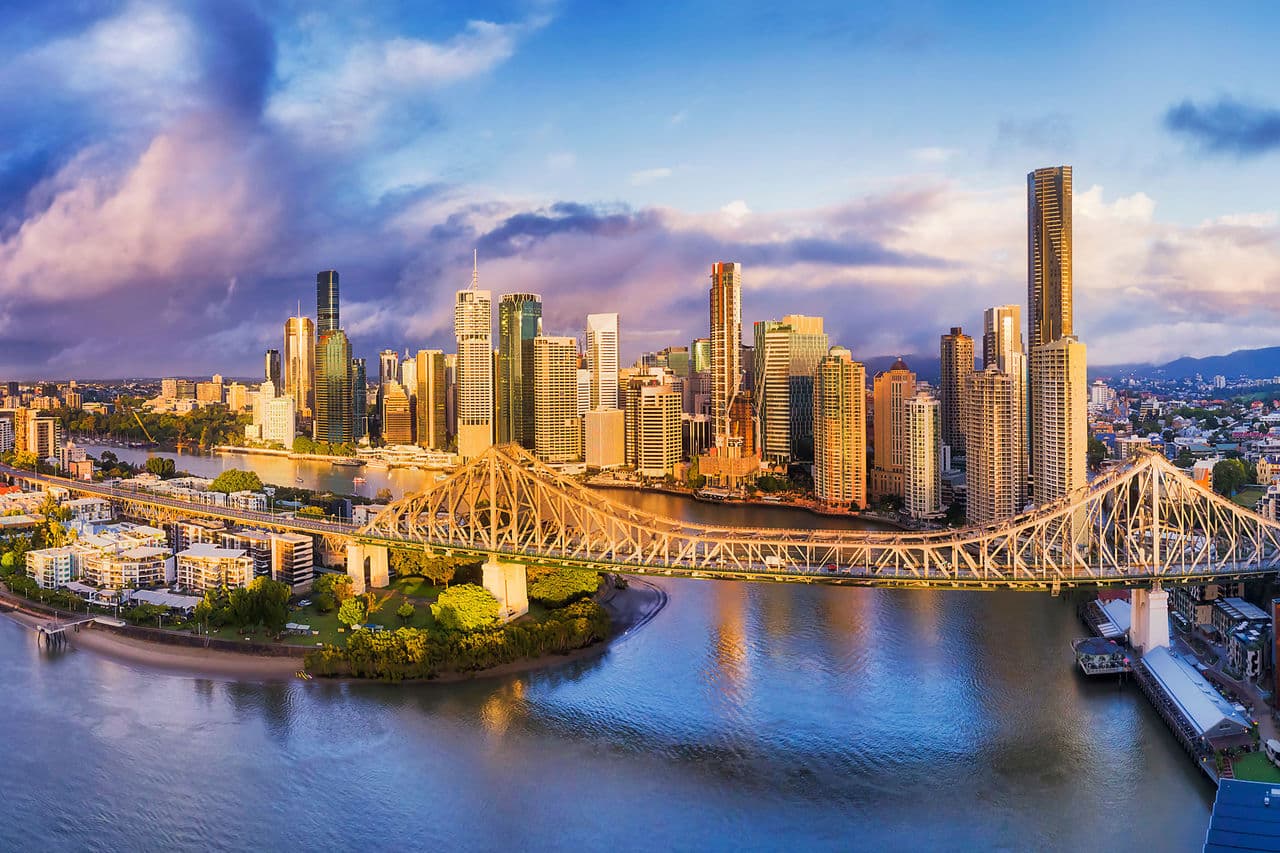 Brisbane city skyline and Story Bridge at golden hour